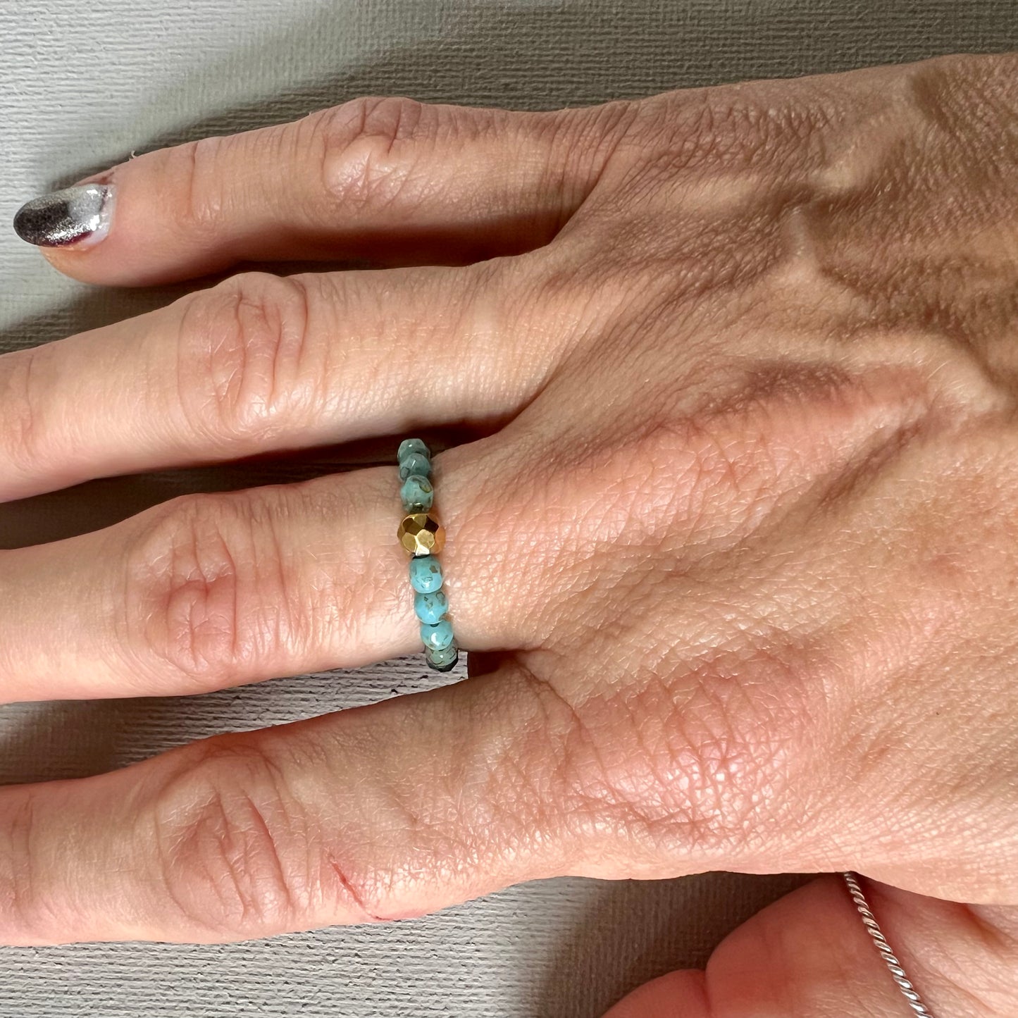 Turquoise and Gold-Plated Hematite Beaded Stretch Ring