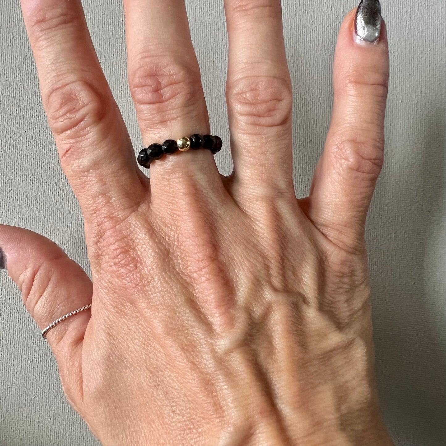 Black Gemstone and Gold-Filled Beaded Stretch Ring