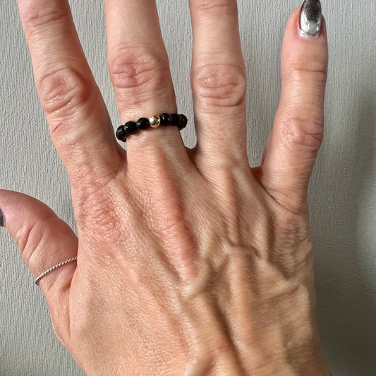 Black Gemstone and Gold-Filled Beaded Stretch Ring